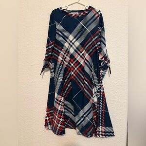 Navy Plaid Tie-Sleeve Kids Dress